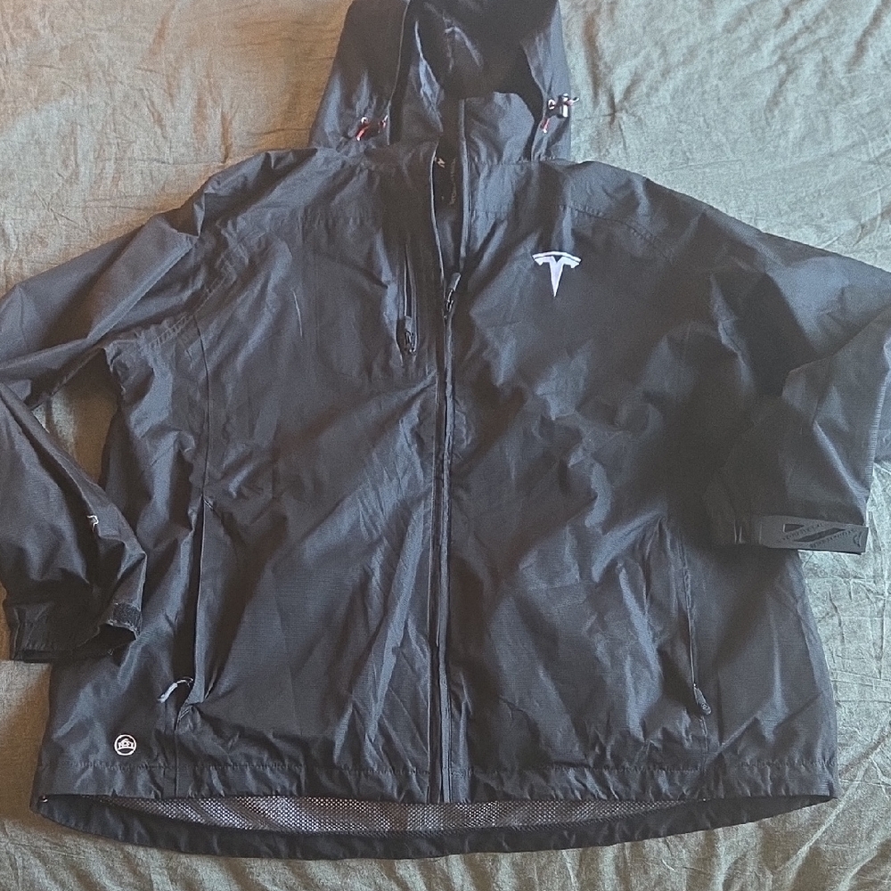 Tesla Black Hooded Rain Jacket with White Logo Patch
